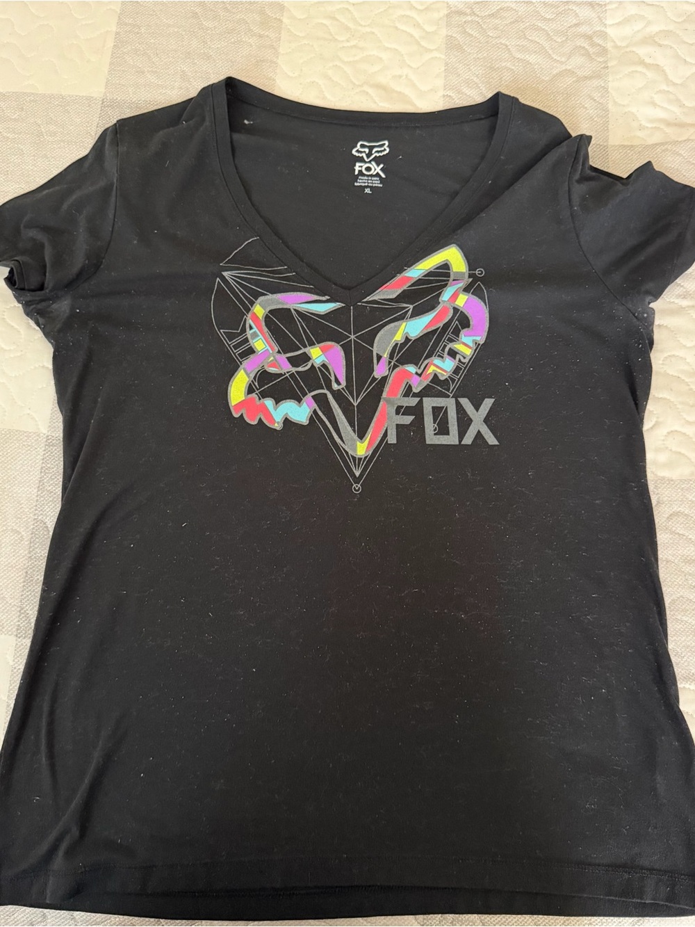 Fox Black V-Neck Tee with Neon Multicolor Fox Graphic